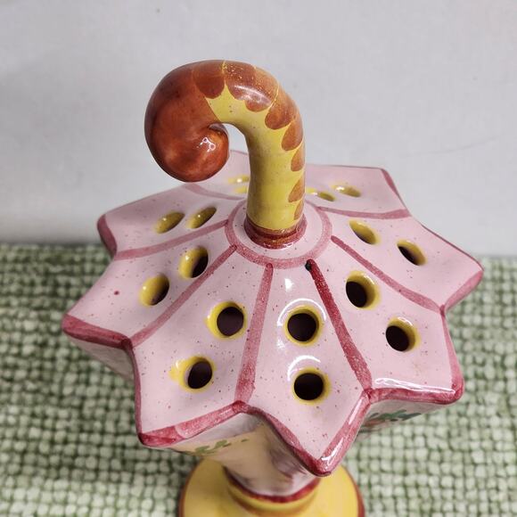 Vintage Italian Umbrella Flower Frog Pink Majolica Hand Painted Italy 5656 - Picture 5 of 7